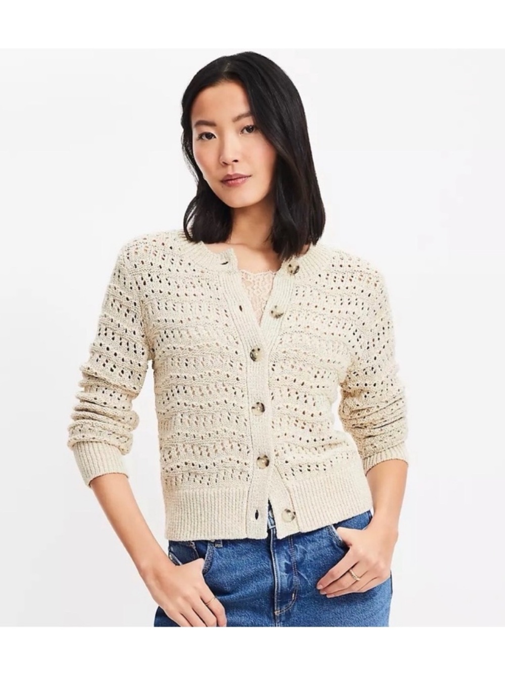 Loft Shimmer Pointelle Crewneck Cardigan S Gold Neutral